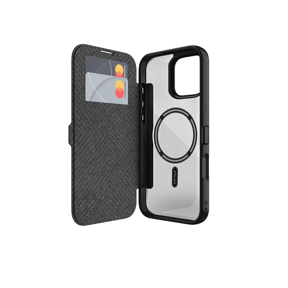 Apple iPhone 16 Pro Kılıf M-safe Şarj Özellikli Vegan Deri Tasarımlı Şeffaf Arka Yüzey Kartlıklı Raptic Urban Folio Serisi Kapak Siyah