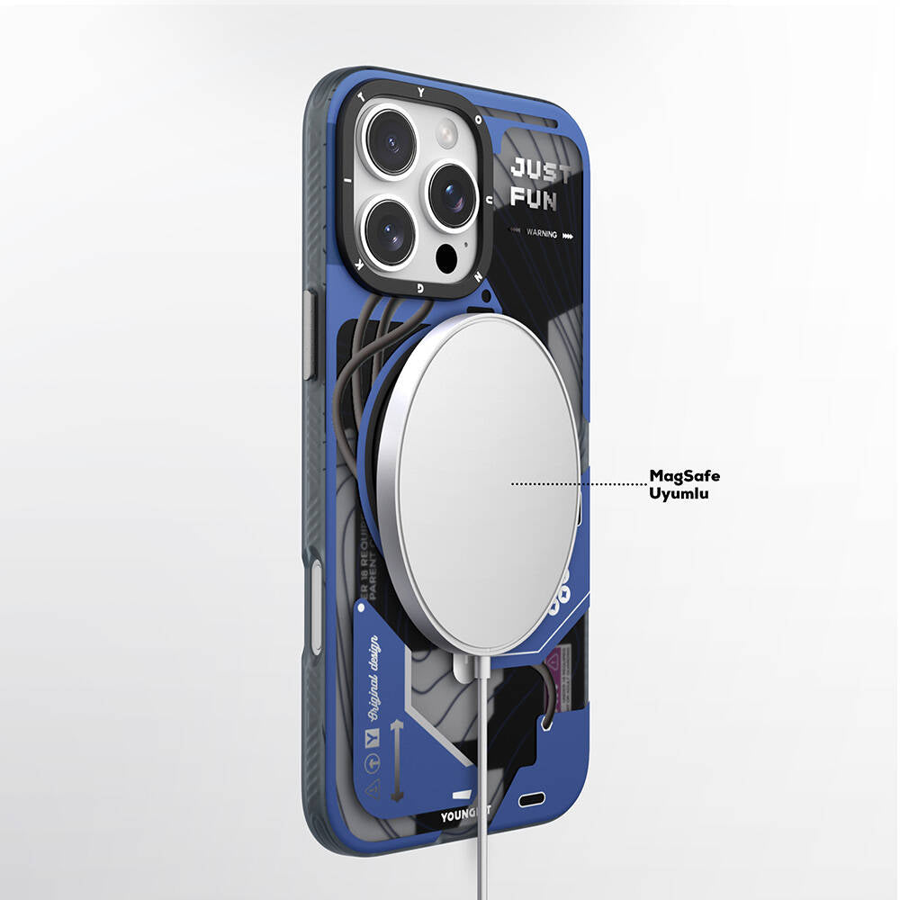 Apple iPhone 16 Pro Kılıf Magsafe Şarj Özellikli Youngkit 360° Standlı Starship Serisi Kapak Mavi