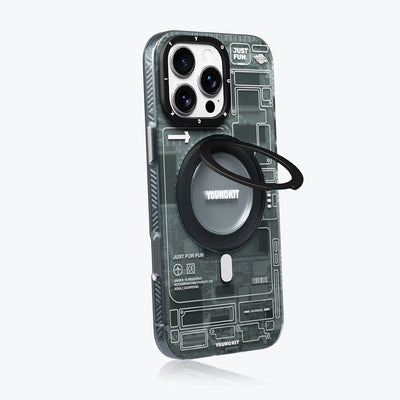 Apple iPhone 16 Pro Kılıf Magsafe Şarj Özellikli Youngkit 360° Standlı Technology Serisi Kapak Gri