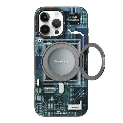 Apple iPhone 16 Pro Kılıf Magsafe Şarj Özellikli Youngkit 360° Standlı Technology Serisi Kapak Gri