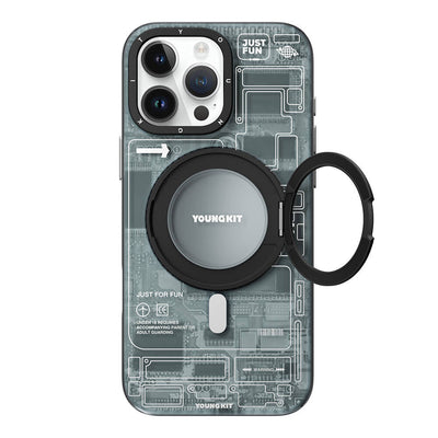 Apple iPhone 16 Pro Kılıf Magsafe Şarj Özellikli Youngkit 360° Standlı Technology Serisi Kapak Gri