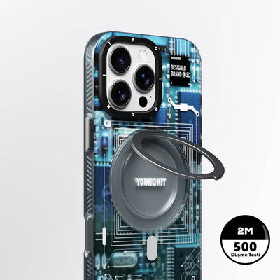 Apple iPhone 16 Pro Kılıf Magsafe Şarj Özellikli Youngkit 360° Standlı Technology Serisi Kapak Gri