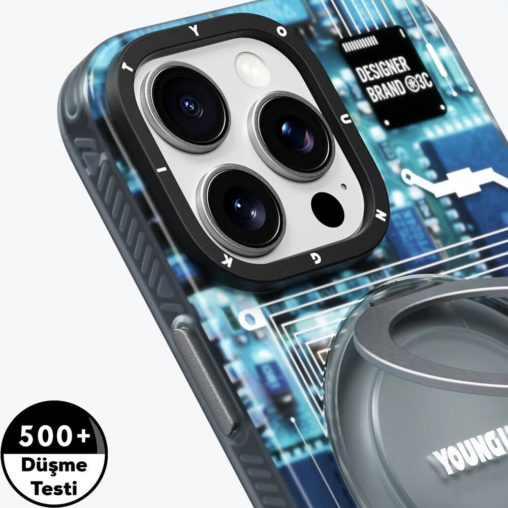Apple iPhone 16 Pro Kılıf Magsafe Şarj Özellikli Youngkit 360° Standlı Technology Serisi Kapak Gri