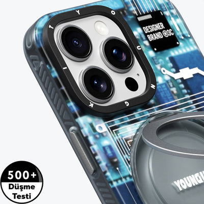 Apple iPhone 16 Pro Kılıf Magsafe Şarj Özellikli Youngkit 360° Standlı Technology Serisi Kapak Gri
