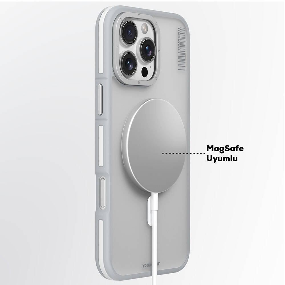 Apple iPhone 16 Pro Kılıf Magsafe Şarj Özellikli Youngkit Rock Sand Serisi Kapak Gri
