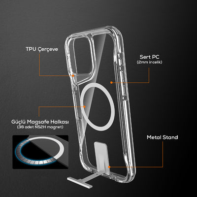 Apple iPhone 16 Pro Kılıf M-safe Şarj Özellikli Zore T-Max Standlı Kapak Şeffaf