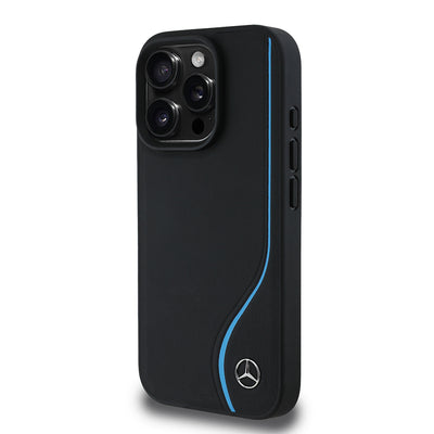 Apple iPhone 16 Pro Kılıf Mercedes Benz Orjinal Lisanslı M-safe Şarj Özellikli 3D Metal Logolu Mavi Dikey Eğri Çizgili Deri Kapak Siyah