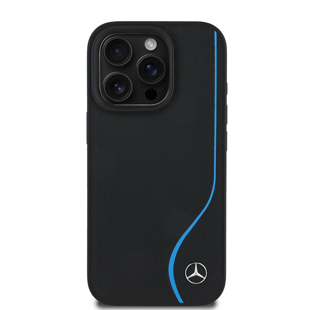 iPhone 16 Pro Kılıf Mercedes Benz Orjinal Lisanslı M-safe Şarj Özellikli 3D Metal Logolu Mavi Dikey Eğri Çizgili Deri Kılıf