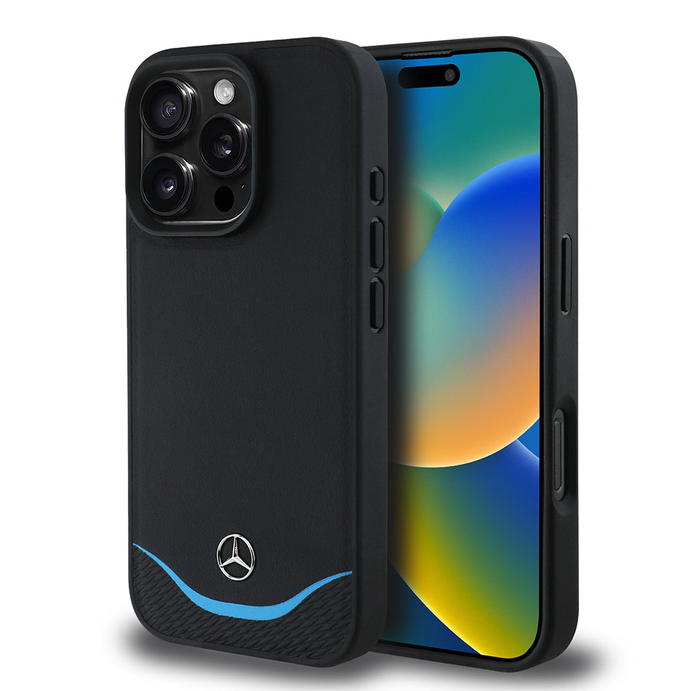 iPhone 16 Pro Kılıf Mercedes Benz Orjinal Lisanslı M-safe Şarj Özellikli 3D Metal Logolu Mavi Yatay Eğri Çizgili Deri Kılıf
