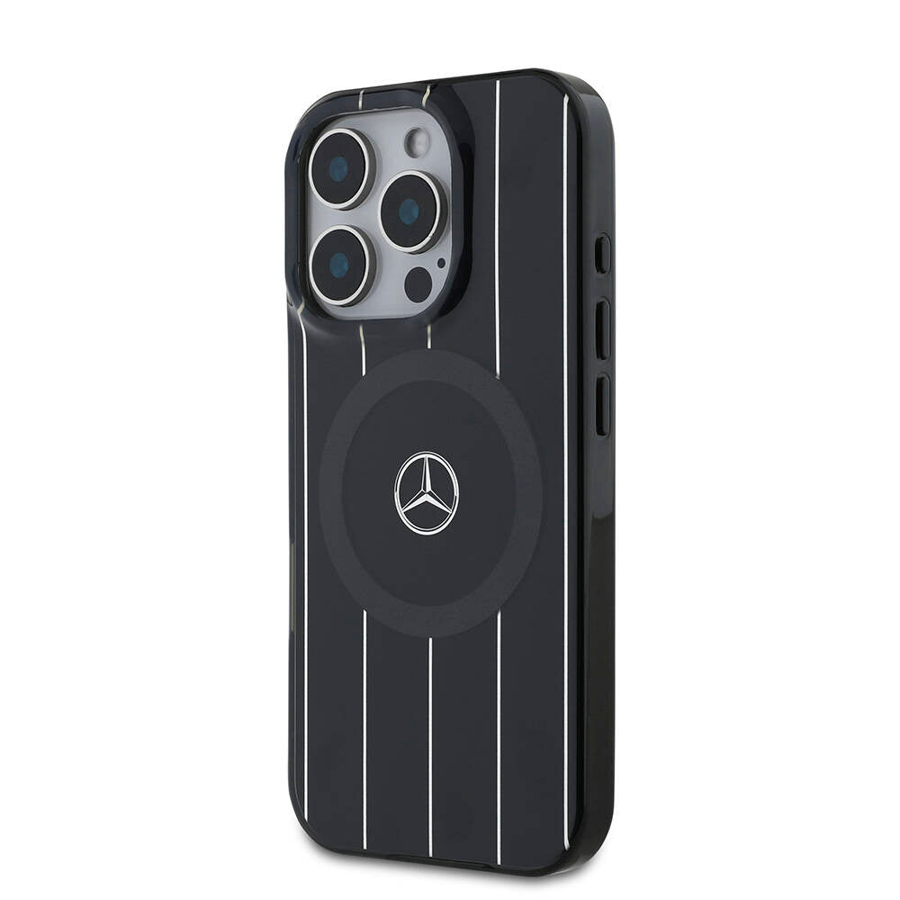 Apple iPhone 16 Pro Kılıf Mercedes Benz Orjinal Lisanslı Magsafe Şarj Özellikli Çift Katmanlı Paralel Çizgi Desenli Kapak Siyah