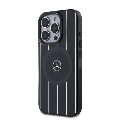 Apple iPhone 16 Pro Kılıf Mercedes Benz Orjinal Lisanslı Magsafe Şarj Özellikli Çift Katmanlı Paralel Çizgi Desenli Kapak Siyah