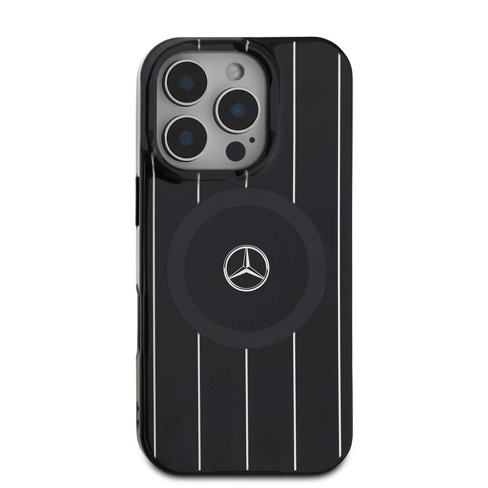 Apple iPhone 16 Pro Kılıf Mercedes Benz Orjinal Lisanslı Magsafe Şarj Özellikli Çift Katmanlı Paralel Çizgi Desenli Kapak Siyah