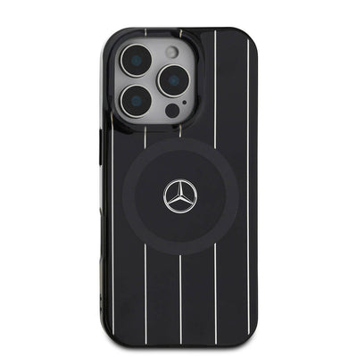 Apple iPhone 16 Pro Kılıf Mercedes Benz Orjinal Lisanslı Magsafe Şarj Özellikli Çift Katmanlı Paralel Çizgi Desenli Kapak Siyah