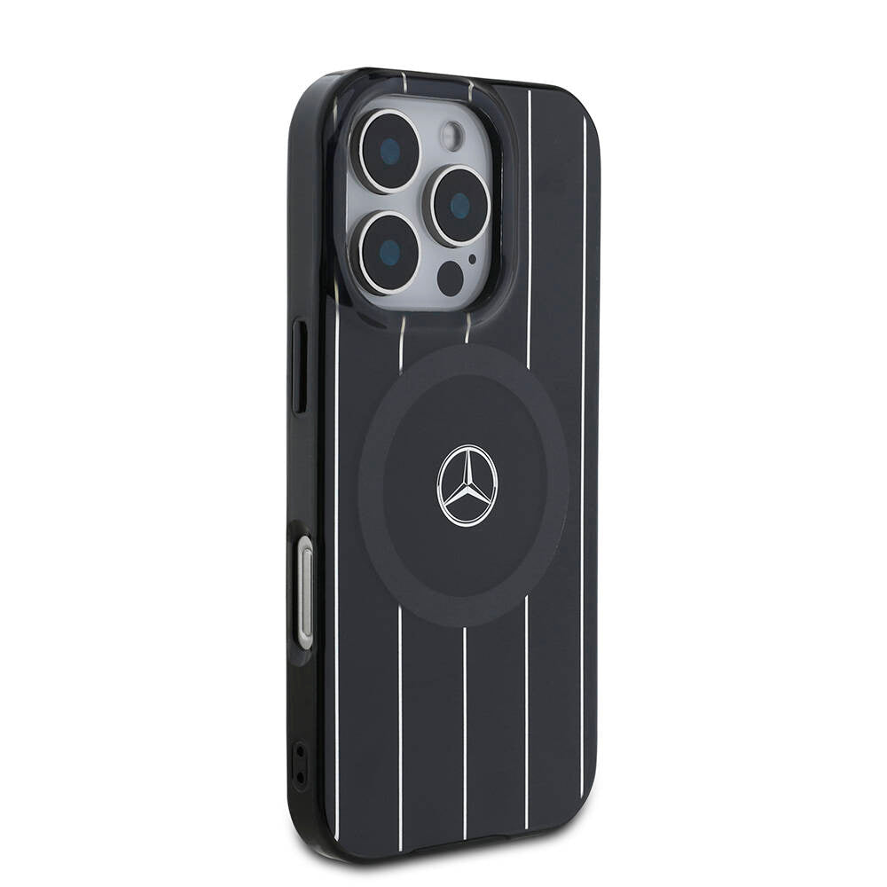 Apple iPhone 16 Pro Kılıf Mercedes Benz Orjinal Lisanslı Magsafe Şarj Özellikli Çift Katmanlı Paralel Çizgi Desenli Kapak Siyah