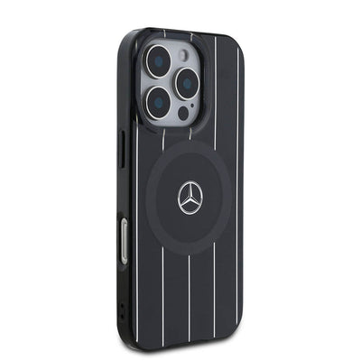 Apple iPhone 16 Pro Kılıf Mercedes Benz Orjinal Lisanslı Magsafe Şarj Özellikli Çift Katmanlı Paralel Çizgi Desenli Kapak Siyah
