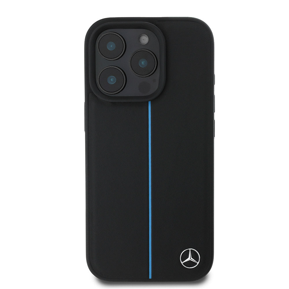 Apple iPhone 16 Pro Kılıf Mercedes Benz Orjinal Lisanslı Magsafe Şarj Özellikli Metal Yıldız Logolu Mavi Çizgili Deri Kapak Siyah