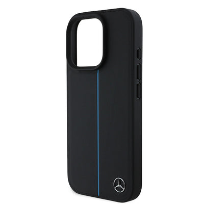 Apple iPhone 16 Pro Kılıf Mercedes Benz Orjinal Lisanslı Magsafe Şarj Özellikli Metal Yıldız Logolu Mavi Çizgili Deri Kapak Siyah