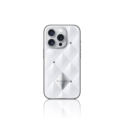Apple iPhone 16 Pro Kılıf Parlak Arka Yüzeyli Kabartma Tasarımlı Kapitone Pynana Metal Diamond Serisi Kapak Siyah