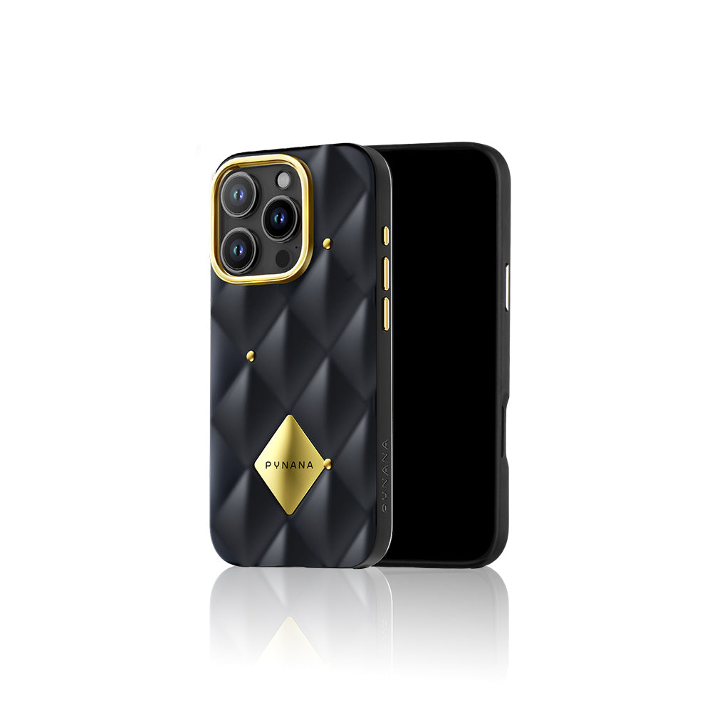 Apple iPhone 16 Pro Kılıf Parlak Arka Yüzeyli Kabartma Tasarımlı Kapitone Pynana Metal Diamond Serisi Kapak Siyah