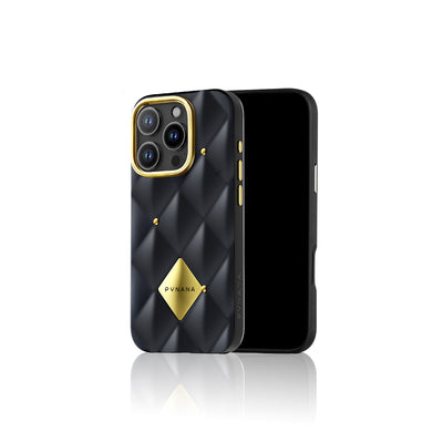 Apple iPhone 16 Pro Kılıf Parlak Arka Yüzeyli Kabartma Tasarımlı Kapitone Pynana Metal Diamond Serisi Kapak Siyah