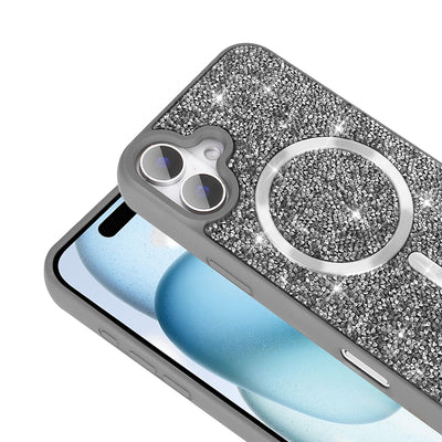 Apple iPhone 16 Pro Kılıf Pırlanta Tasarımlı M-safe Şarj Özellikli Zore Mozaik Silikon Kapak Titanyum-Gri