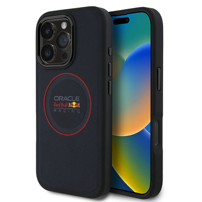 Apple iPhone 16 Pro Kılıf Redbull Orjinal Lisanslı M-safe Şarj Özellikli Kırmızı Halka ve Logo Kabartmalı PU Deri Kapak Lacivert