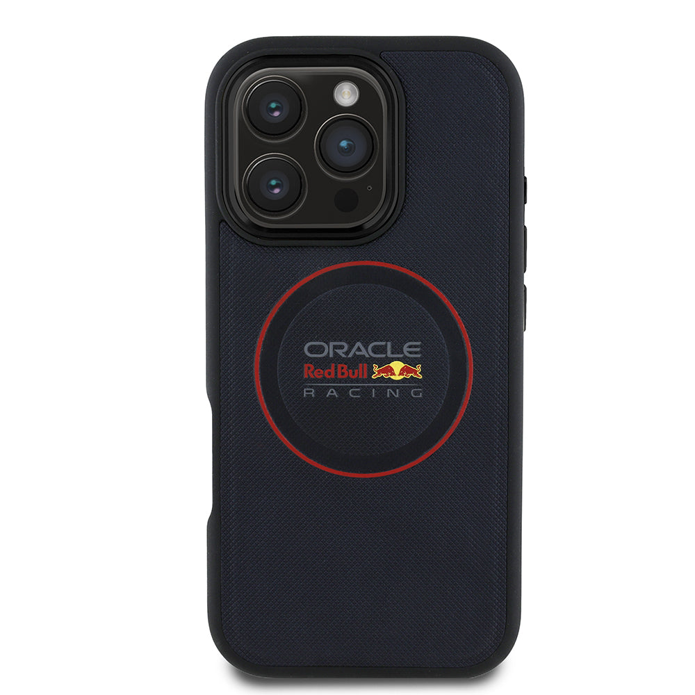 Apple iPhone 16 Pro Kılıf Redbull Orjinal Lisanslı M-safe Şarj Özellikli Kırmızı Halka ve Logo Kabartmalı PU Deri Kapak Lacivert
