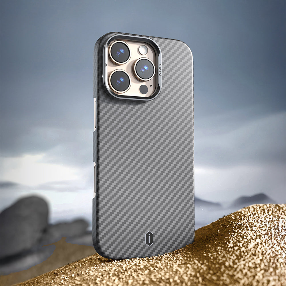 iPhone 16 Pro Kılıf Wiwu DCC-206 M-safe Şarj Özellikli Kamera Standlı Aramid Fiber Tasarım Kevlar Kılıf