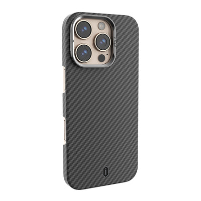 Apple iPhone 16 Pro Kılıf Wiwu DCC-206 M-safe Şarj Özellikli Kamera Standlı Aramid Fiber Tasarım Kevlar Kapak Siyah