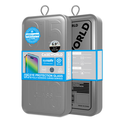 iPhone 16 Pro Max CaseWorld 3D Eyesafe Mavi Işık Teknolojili 0.15mm Temperli Cam Ekran Koruyucu + Uygulama Aparatı