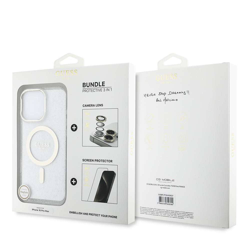 iPhone 16 Pro Max Guess Orjinal Lisanslı 3'lü Aksesuar Seti IML Baskılı Simli Glitter Kılıf + Ekran Koruyucu + Lens Koruyucu