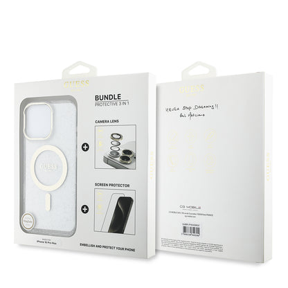 iPhone 16 Pro Max Guess Orjinal Lisanslı 3'lü Aksesuar Seti IML Baskılı Simli Glitter Kılıf + Ekran Koruyucu + Lens Koruyucu