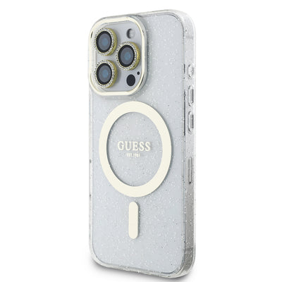 Apple iPhone 16 Pro Max Guess Orjinal Lisanslı 3'lü Aksesuar Seti IML Baskılı Simli Glitter Kılıf + Ekran Koruyucu + Lens Koruyucu Şeffaf