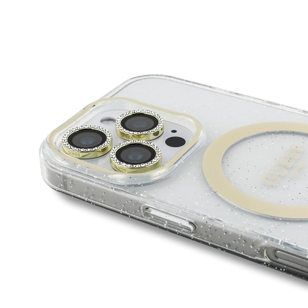 iPhone 16 Pro Max Guess Orjinal Lisanslı 3'lü Aksesuar Seti IML Baskılı Simli Glitter Kılıf + Ekran Koruyucu + Lens Koruyucu