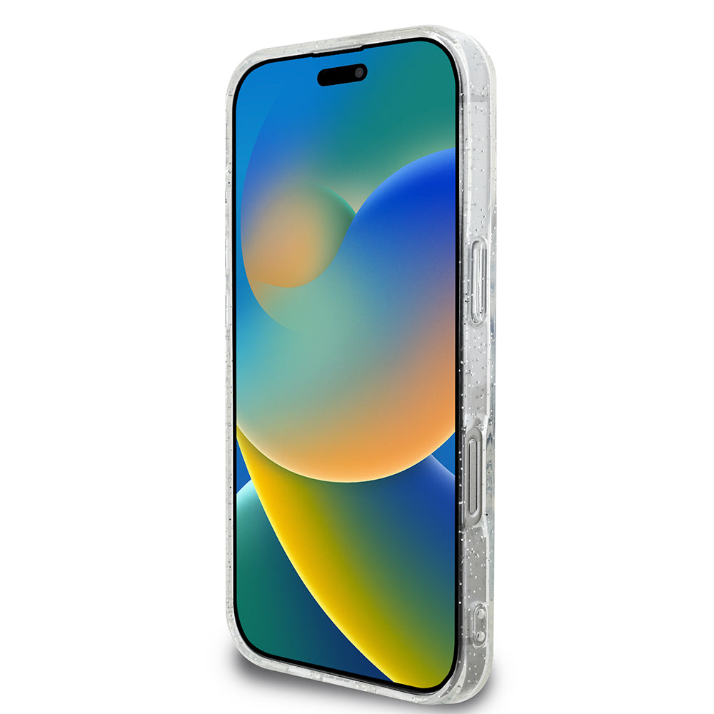 iPhone 16 Pro Max Guess Orjinal Lisanslı 3'lü Aksesuar Seti IML Baskılı Simli Glitter Kılıf + Ekran Koruyucu + Lens Koruyucu