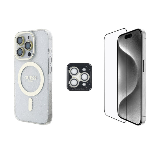 iPhone 16 Pro Max Guess Orjinal Lisanslı 3'lü Aksesuar Seti IML Baskılı Simli Glitter Kılıf + Ekran Koruyucu + Lens Koruyucu