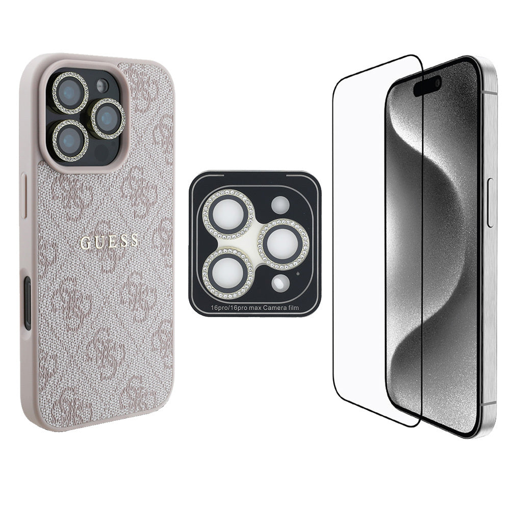 Apple iPhone 16 Pro Max Guess Orjinal Lisanslı Kılıf + Ekran Koruyucu + Lens Koruyucu 3in1 Aksesuar Seti Kahverengi