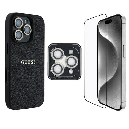 iPhone 16 Pro Max Guess Orjinal Lisanslı Kılıf + Ekran Koruyucu + Lens Koruyucu 3in1 Aksesuar Seti