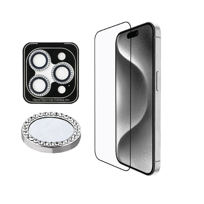 Apple iPhone 16 Pro Max Guess Orjinal Lisanslı Rhinestone Ekran Koruyucu + Lens Koruyucu 2in1 Aksesuar Seti Gold