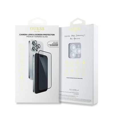 Apple iPhone 16 Pro Max Guess Orjinal Lisanslı Rhinestone Ekran Koruyucu + Lens Koruyucu 2in1 Aksesuar Seti Gold