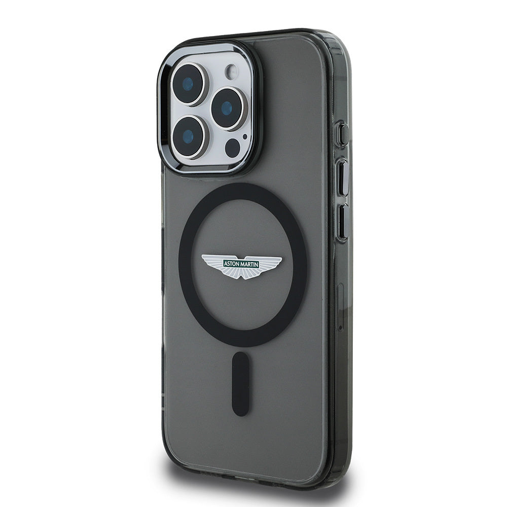 Apple iPhone 16 Pro Max Kılıf Aston Martin Orjinal Lisanslı M-safe Şarj Özellikli IML Baskı Logolu Buzlu Kapak Siyah