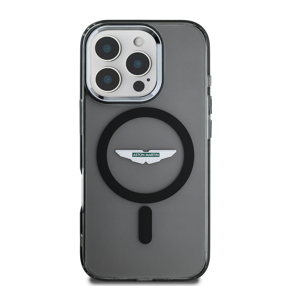 Apple iPhone 16 Pro Max Kılıf Aston Martin Orjinal Lisanslı M-safe Şarj Özellikli IML Baskı Logolu Buzlu Kapak Siyah