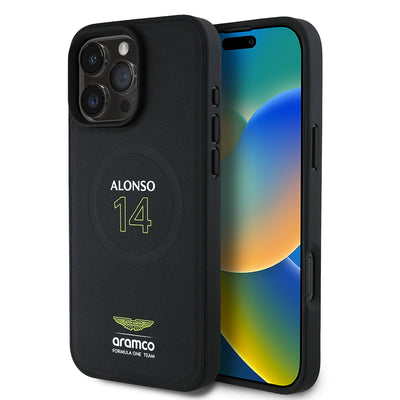 Apple iPhone 16 Pro Max Kılıf Aston Martin Orjinal Lisanslı M-safe Şarj Özellikli PU Deri Alonso 14 Baskılı Kapak Siyah