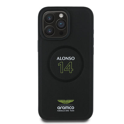Apple iPhone 16 Pro Max Kılıf Aston Martin Orjinal Lisanslı M-safe Şarj Özellikli PU Deri Alonso 14 Baskılı Kapak Siyah