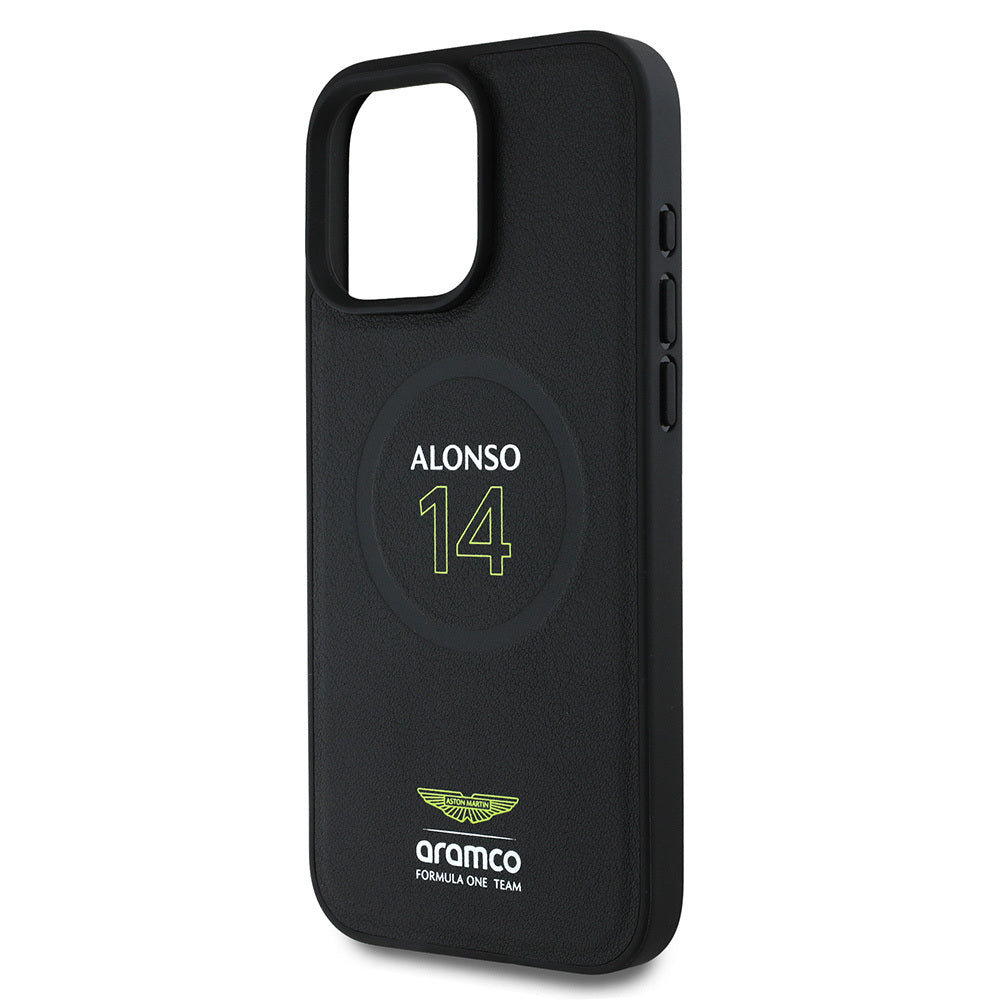 Apple iPhone 16 Pro Max Kılıf Aston Martin Orjinal Lisanslı M-safe Şarj Özellikli PU Deri Alonso 14 Baskılı Kapak Siyah