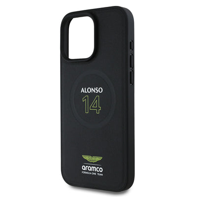 Apple iPhone 16 Pro Max Kılıf Aston Martin Orjinal Lisanslı M-safe Şarj Özellikli PU Deri Alonso 14 Baskılı Kapak Siyah