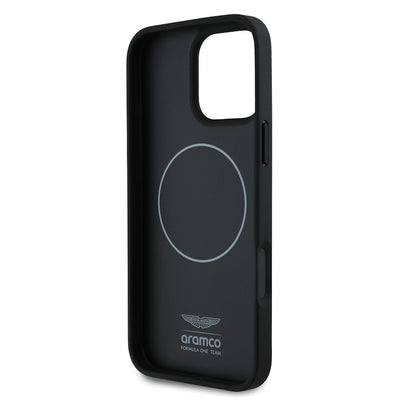Apple iPhone 16 Pro Max Kılıf Aston Martin Orjinal Lisanslı M-safe Şarj Özellikli PU Deri Alonso 14 Baskılı Kapak Siyah