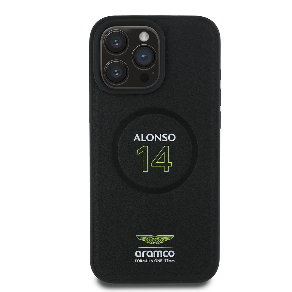 Apple iPhone 16 Pro Max Kılıf Aston Martin Orjinal Lisanslı M-safe Şarj Özellikli PU Deri Alonso 14 Baskılı Kapak Siyah