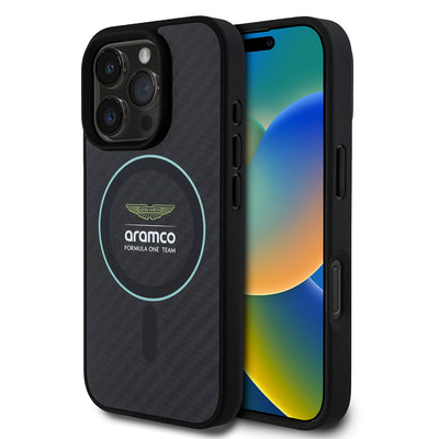 Apple iPhone 16 Pro Max Kılıf Aston Martin Orjinal Lisanslı M-safe Şarj Özellikli Renkli Halka ve Karbon Fiber Tasarımlı Kapak Siyah-Yeşil