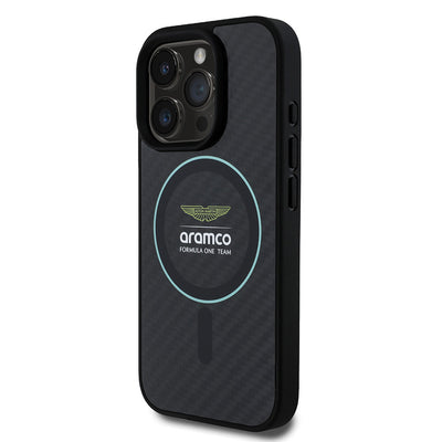 Apple iPhone 16 Pro Max Kılıf Aston Martin Orjinal Lisanslı M-safe Şarj Özellikli Renkli Halka ve Karbon Fiber Tasarımlı Kapak Siyah-Yeşil